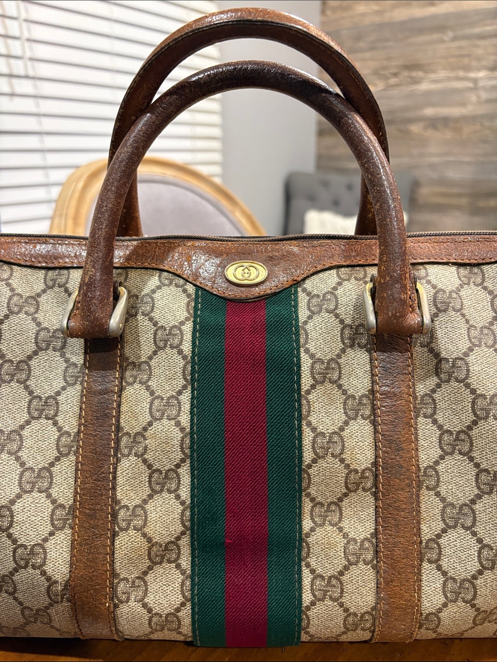 Gucci Brown Monogram Boston Bag with Green and Red Stripe - Picture 2 of 14